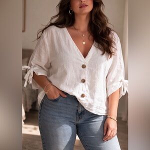 Zara White Cotton Linen Bohemian Tie Puff Sleeve button Front Blouse Size XL